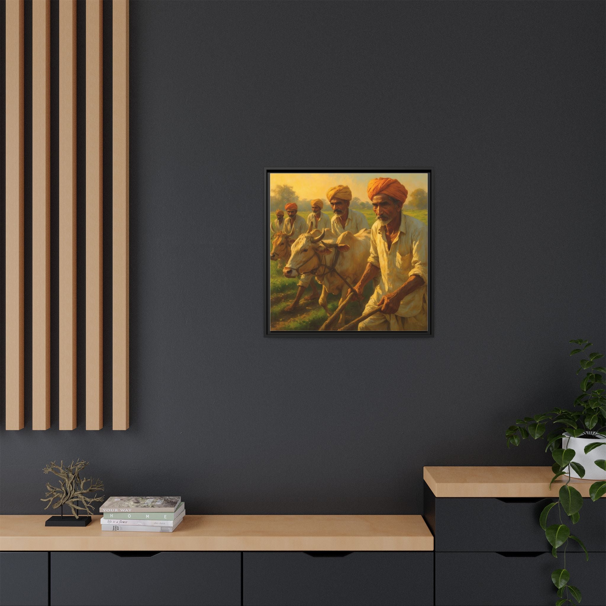 Framed Shetkari Artwork of Indian Farmers, Wall Art Decor, Multi-Color Framed Painting, Rustic Farmhouse Art, Cultural Heritage Display